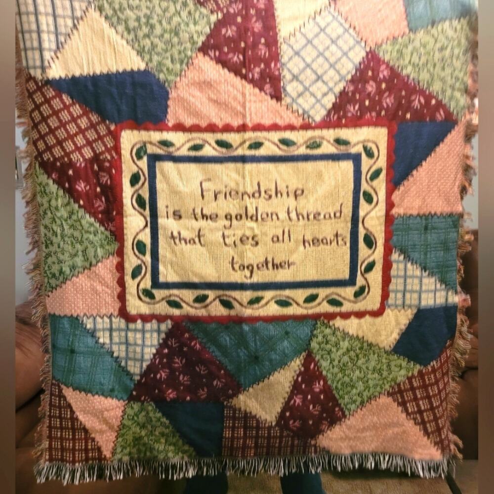Vtg Patchwork Friendship Tapestry Blanket Throw Friendship Is The Golden Thread